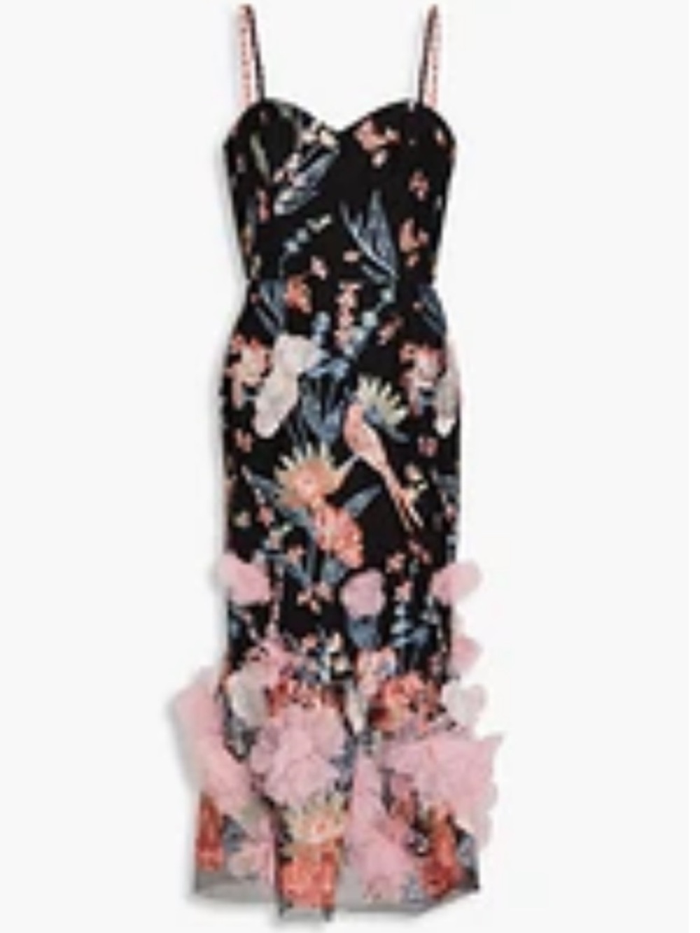 Marchesa Notte Black Floral Embroidered Midi Dress with Pink 3D Flowers - Picture 8 of 11